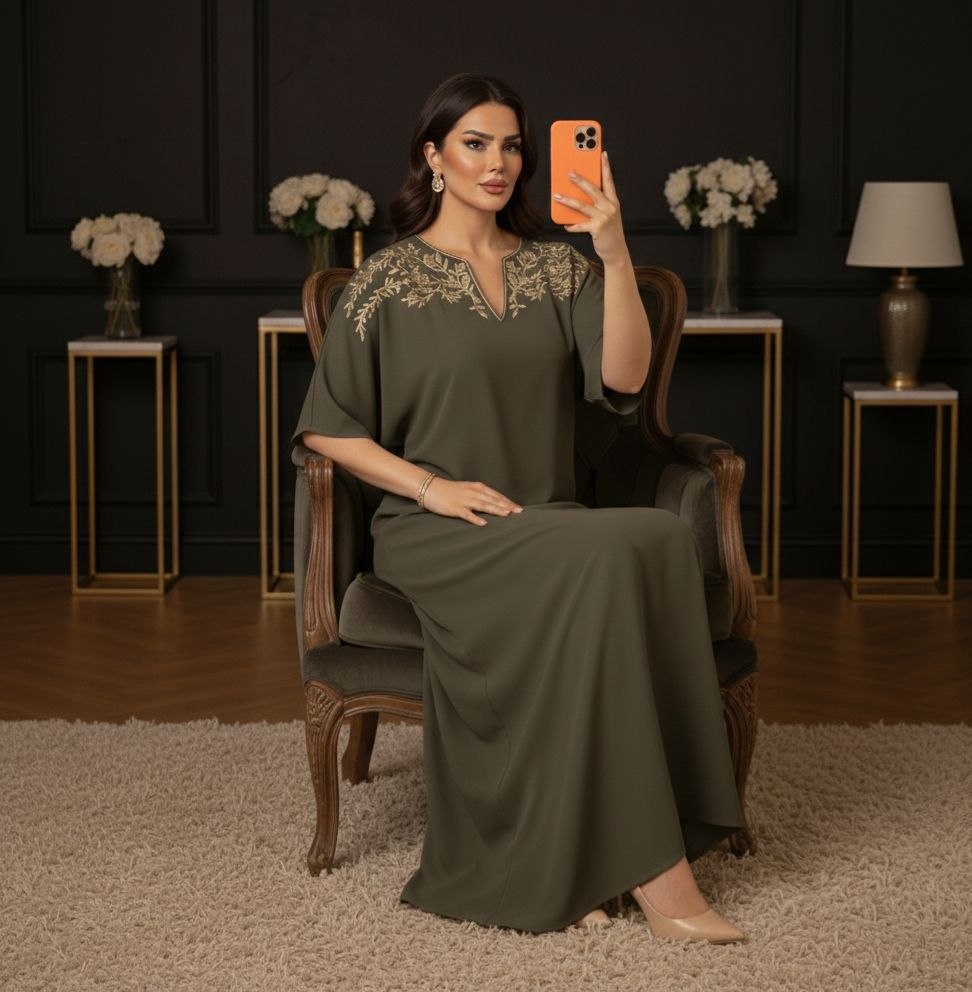 Robe Longue Verte à Broderies Dorées