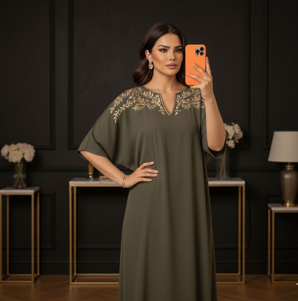 Robe Longue Verte à Broderies Dorées