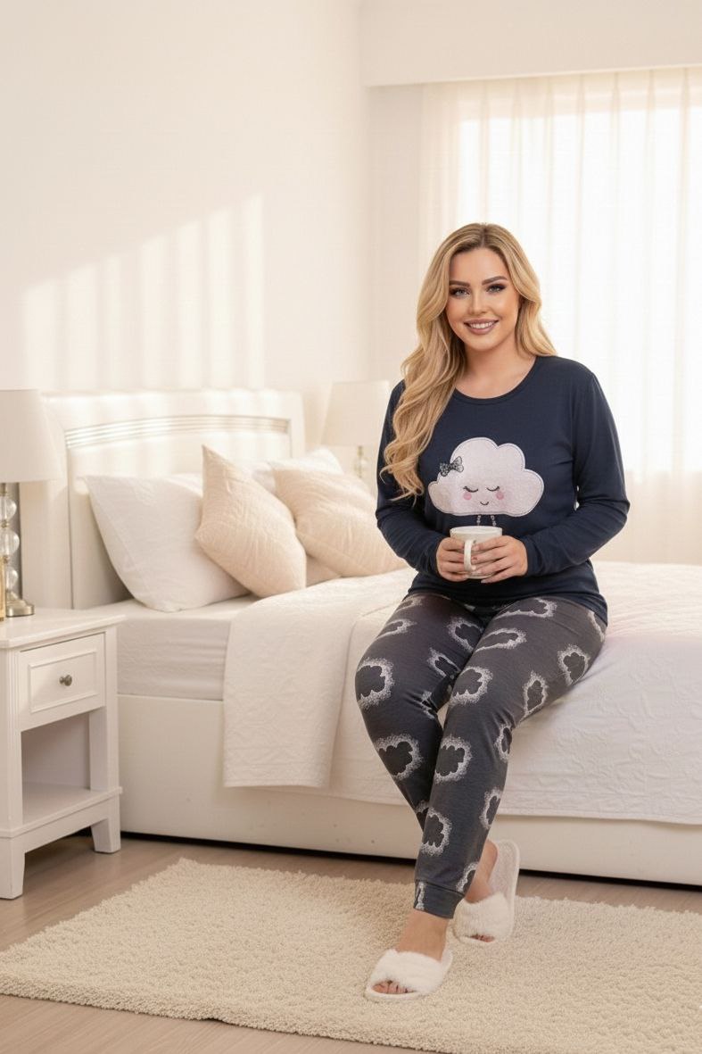 💙 Pyjama Bleu Nuit en Coton – Élégance & Confort Absolu